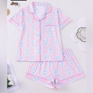 Pink Short Sleeve Swan Bowknot Oval Vintage Print Lounge Pajama Set New